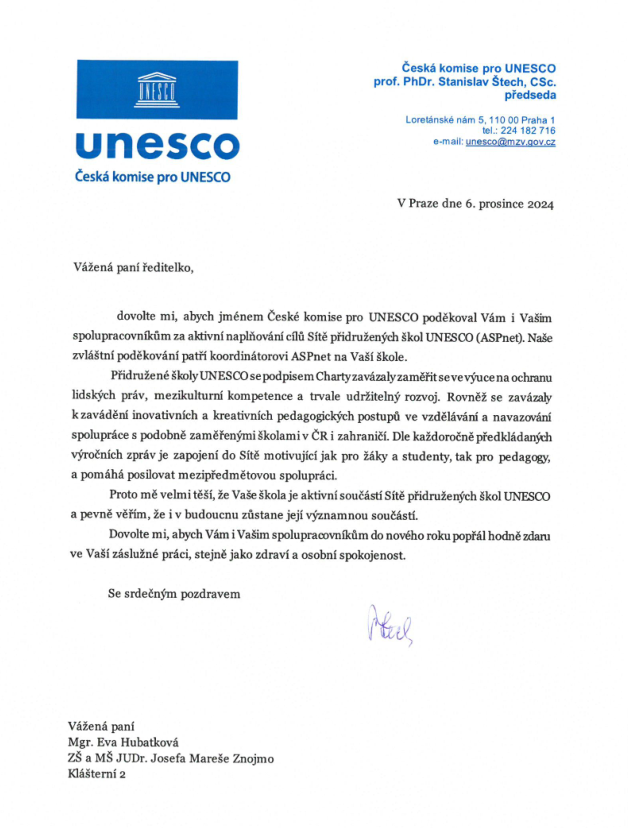 poděkování UNESCO